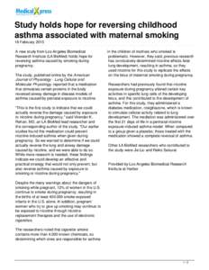 Study holds hope for reversing childhood asthma associated with maternal smoking