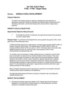 Act 100, Action Plans FY02 – FY06 Target/Tasks Division: AGRICULTURAL DEVELOPMENT