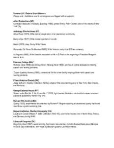 Summer 2013 Federal Grant Winners Please note: Institutions new to our programs are flagged with an asterisk. Allied Productions (NY) Corrective Measures: Politically Speaking (1986), protest film by Peter Cramer, shot o