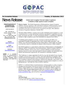 For Immediate Release  Tuesday, 15 September 2015 News Release Global Organization of