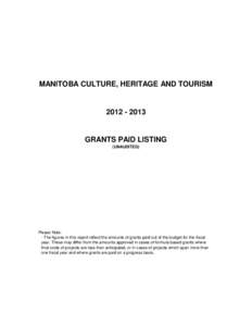 MANITOBA CULTURE, HERITAGE AND TOURISM[removed]GRANTS PAID LISTING (UNAUDITED)