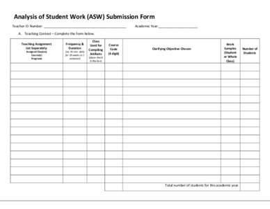 Analysis of Student Work (ASW) Submission Form Teacher ID Number: ____________________________________________ Academic Year:_____________________  A. Teaching Context – Complete the form below.