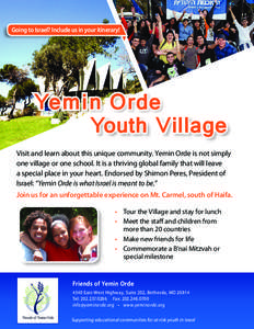 Going to Israel? Include us in your itinerary!  Yemin Orde Youth Village Visit and learn about this unique community. Yemin Orde is not simply one village or one school. It is a thriving global family that will leave
