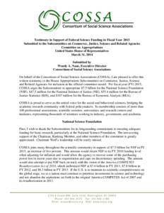 Testimony in Support of Federal Science Funding in Fiscal Year 2015 Submitted to the Subcommittee on Commerce, Justice, Science and Related Agencies Committee on Appropriations United States House of Representatives Marc