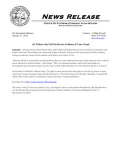 News Release Office Of Attorney General Alan Wilson State of South Carolina For Immediate Release January 11, 2012