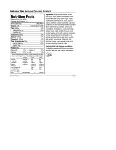 IsaLean® Bar Lemon Passion Crunch  Nutrition Facts Serving Size 1 Bar (65g) Servings per Container 10 Amount per Serving