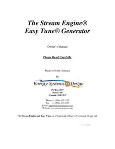 The Stream Engine® Easy Tune® Generator Owner’s Manual Please Read Carefully