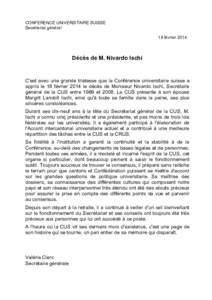 CONFERENCE UNIVERSITAIRE SUISSE Secrétariat général 18 février 2014 Décès de M. Nivardo Ischi