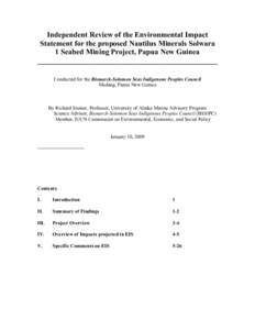 Independent Review of the Environmental Impact Statement for the proposed Nautilus Minerals Solwara 1 Seabed Mining Project, Papua New Guinea ________________________________________________ Conducted for the Bismarck-So