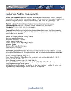 Euphonium Audition Requirements Scales and Arpeggios: Perform all scales and arpeggios from memory, using a variety of articulations, throughout the full practical range of the instrument (two octaves where possible). Mi