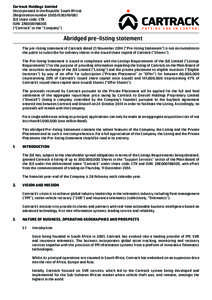 Cartrack Holdings Limited (Incorporated in the Republic South Africa) (Registration number[removed]JSE share code: CTK ISIN: ZAE000198305 (“Cartrack” or the “Company”)