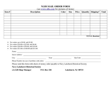 NLHS MAIL ORDER FORM (see www.nlhs.com for pictures of items) Description Item #