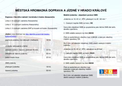 MĚSTSKÁ HROMADNÁ DOPRAVA A JÍZDNÉ V HRADCI KRÁLOVÉ Mobilní jízdenka - objednání pomocí SMS Doprava z hlavního nádraží i terminálu k hotelu Alessandria Jízdenka za 18,-Kč vč. DPH, přestupní na