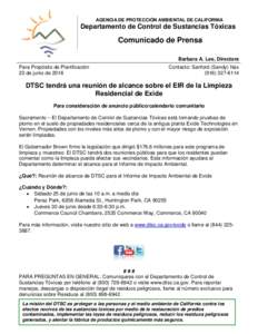 DTSC tendrá una reunión de alcance sobre el EIR de la Limpieza Residencial de Exide