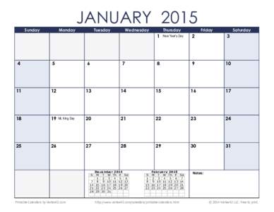 Printable 2015 Monthly Calendar with Holidays