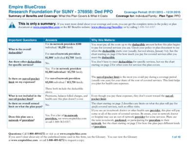 Empire BlueCross Research Foundation For SUNY[removed]: Ded PPO Summary of Benefits and Coverage: What this Plan Covers & What it Costs Coverage Period: [removed] – [removed]Coverage for: Individual/Family | Plan Ty