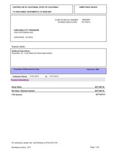 CONTROLLER OF CALIFORNIA, STATE OF CALIFORNIA  REMITTANCE ADVICE P O BOX[removed], SACRAMENTO, CA[removed]