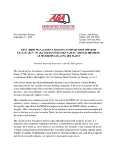 For Immediate Release September 11, 2012 Contact: Dan Ronan Office: [removed]Mobile: [removed]