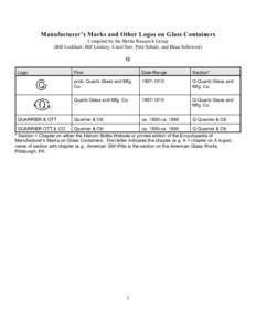 Manufacturer’s Marks and Other Logos on Glass Containers Compiled by the Bottle Research Group (Bill Lockhart, Bill Lindsey, Carol Serr, Pete Schulz, and Beau Schriever) Q Logo