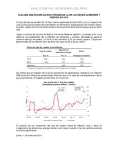 BANCO CENTRAL DE RESERVA DEL PERÚ ALZA DEL DÓLAR EXPLICÓ DOS TERCIOS DE LA INFLACIÓN SIN ALIMENTOS Y ENERGÍA EN 2015 El alza del tipo de cambio de 14,2 por ciento registrada durante 2015, tuvo un impacto de 2,28 pun