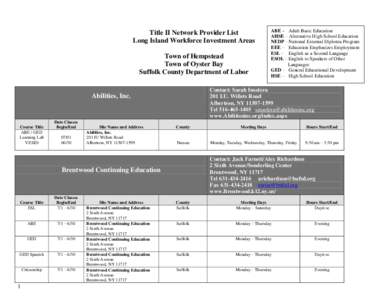 Title II Network Provider List Long Island Workforce Investment Areas Town of Hempstead Town of Oyster Bay Suffolk County Department of Labor