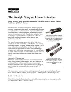 The Straight Story on Linear Actuators Linear actuators can be powered by pneumatics, hydraulics, or electric motors. Which is best for your job? Let’s find out. Linear actuation is employed everywhere, for packaging, 