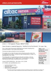 elders.com.au/townsville  UnitIngham Road, WEST END Owner Occupier or Leasehold Opportunity - 