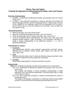 String, Tiles and Cubes: A Hands On Approach to Understanding Perimeter, Area, and Volume Overview Enduring Understanding: • (6) ME02 – Understand the differences between area (square) units and volume (cubic) units.