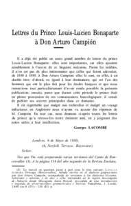 Lettres du Prince Louis-Lucien Bonaparte à Don Arturo Campión Il a déjà été publié un assez grand nombre de lettres du prince