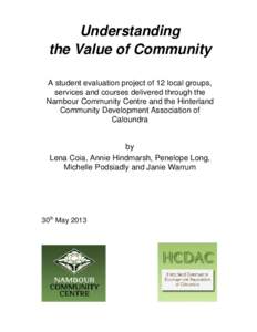 Understanding the Value of Community A student evaluation project of 12 local groups, services and courses delivered through the Nambour Community Centre and the Hinterland Community Development Association of
