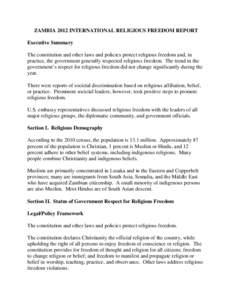 ZAMBIA 2012 INTERNATIONAL RELIGIOUS FREEDOM REPORT