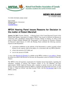 News release - MFDA Hearing Panel issues Reasons for Decision in the matter of Robert Marshall