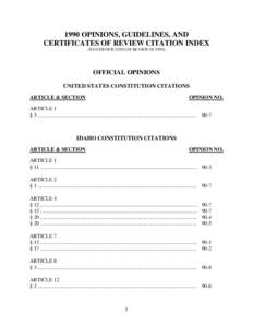 1990 OPINIONS, GUIDELINES, AND CERTIFICATES OF REVIEW CITATION INDEX (NO CERTIFICATES OF REVIEW IN[removed]OFFICIAL OPINIONS UNITED STATES CONSTITUTION CITATIONS
