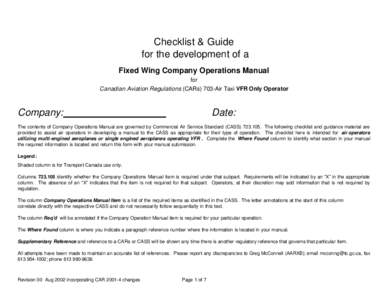 Checklist & Guide for the development of a Fixed Wing Company Operations Manual for Canadian Aviation Regulations (CARs) 703-Air Taxi VFR Only Operator