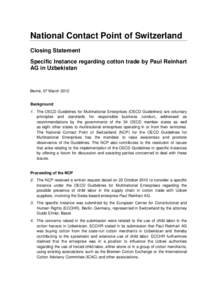 National Contact Point of Switzerland Closing Statement Specific Instance regarding cotton trade by Paul Reinhart AG in Uzbekistan  Berne, 07 March 2012