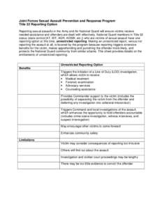 Joint Forces Sexual Assault Prevention and Response Program Title 32 Reporting Option Reporting sexual assaults in the Army and Air National Guard will ensure victims receive needed assistance and offenders are dealt wit