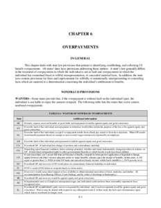 CHAPTER 6 OVERPAYMENTS IN GENERAL This chapter deals with state law provisions that pertain to identifying, establishing, and collecting UI benefit overpayments. All states’ laws have provisions addressing these matter