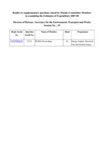 Replies to supplementary questions raised by Finance Committee Members in examining the Estimates of Expenditure[removed]Director of Bureau : Secretary for the Environment, Transport and Works Session No. : 19 Reply Seri