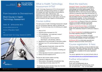 SCHOOL OF POPULATION HEALTH From Innovation to Disinvestment: Short Course in Health Technology Assessment
