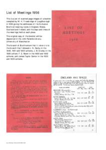 List of Meetings 1956 This is a set of scanned page images of a booklet compiled by W. H. Trowbridge of Loughborough in 1956 giving the addresses of the Exclusive Brethren meeting rooms in England, Wales, Scotland and Ir