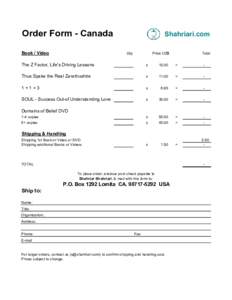 Order Form - Canada Book / Video Shahriari.com Qty