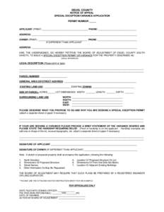 DEUEL COUNTY  NOTICE OF APPEAL SPECIAL EXCEPTION/VARIANCE APPLICATION PERMIT NUMBER _____ APPLICANT (PRINT): ____________________________________ PHONE: ______________________________