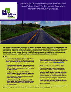 Resource Fact Sheet on Rural Injury Prevention: Teen Motor Vehicle Injuries for the National Rural Injury Prevention Community of Practice The Children’s Safety Network (CSN) compiled this resource fact sheet to provid