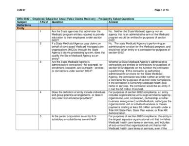 [removed]Page 1 of 16 DRA 6032 – Employee Education About False Claims Recovery – Frequently Asked Questions Subject