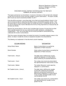 Wisconsin Department of Revenue Division of Research and Policy November 21, 2011 WISCONSIN SCHOOL DISTRICT STATISTICS FOR TAX YEAR 2010 SUMMARY BY SCHOOL DISTRICT This report summarizes, by school district, income tax i