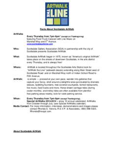 Facts About Scottsdale ArtWalk ArtWalks Every Thursday from 7pm-9pm* (except on Thanksgiving) featuring Food Truck Caravan with Live Music on Marshall Way and 5th Avenue. www.scottsdalegalleries.com