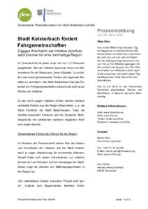 Gemeinsame Presseinformation von Stadt Kelsterbach und flinc  Pressemeldung Stadt Kelsterbach fördert Fahrgemeinschaften Zügiges Wachstum der Initiative 2proAuto