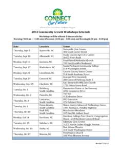 2013 Community Growth Workshops Schedule Workshops will be offered 3 times each day: Morning (9:00 am – 11:00 am), Afternoon (1:00 pm – 3:00 pm), and Evening (6:30 pm – 8:30 pm) Date