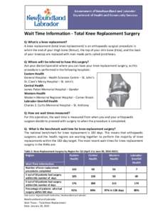 Wait Time Information - Total Knee Replacement Surgery Q: What is a knee replacement? A knee replacement (total knee replacement) is an orthopaedic surgical procedure in which the end of your thigh bone (femur), the top 