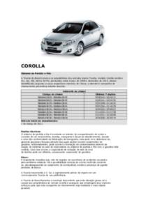 COROLLA Sistema de Partida a Frio A Toyota do Brasil convoca os proprietários dos veículos marca Toyota, modelo Corolla versões XLi, GLi, XEi, SEG e ALTIS, produzidos entre março de 2008 e dezembro de 2010, abaixo id